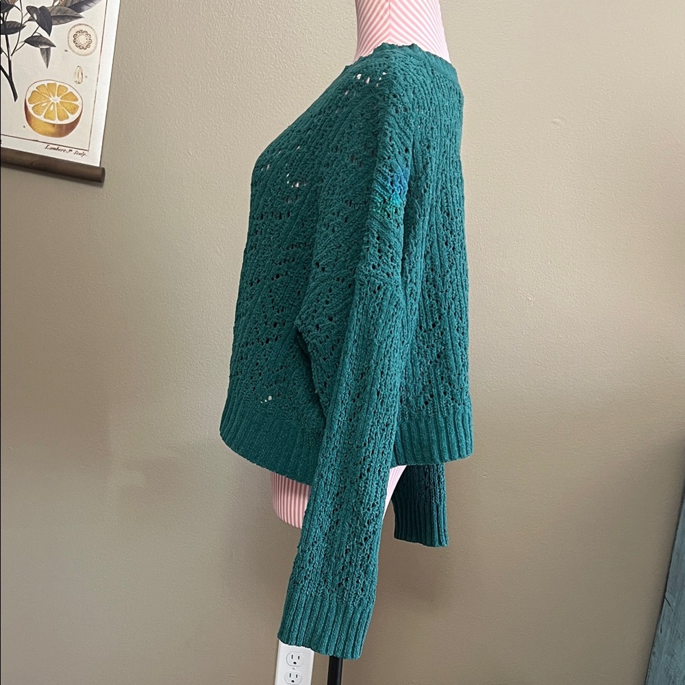American Eagle Outfitters Teal Forest Green Eyelet Crew Neck Sweater - L - Picture 2 of 7